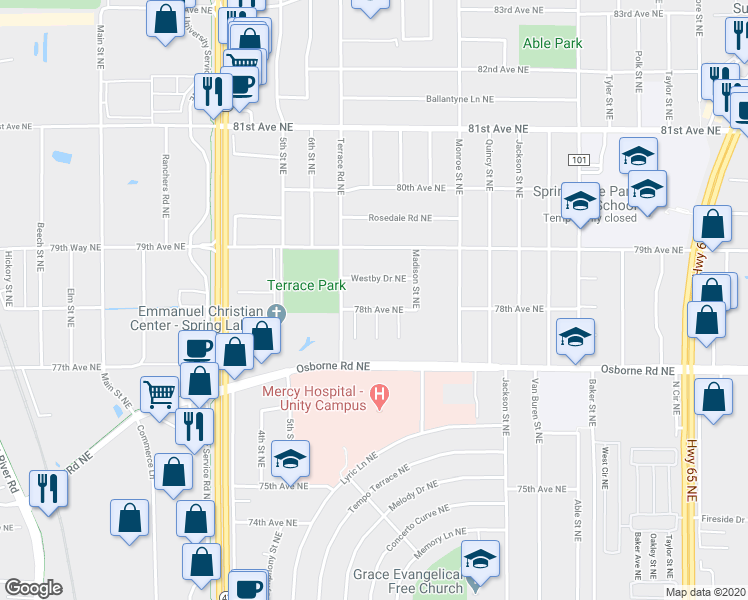 map of restaurants, bars, coffee shops, grocery stores, and more near 580 78th Avenue Northeast in Minneapolis