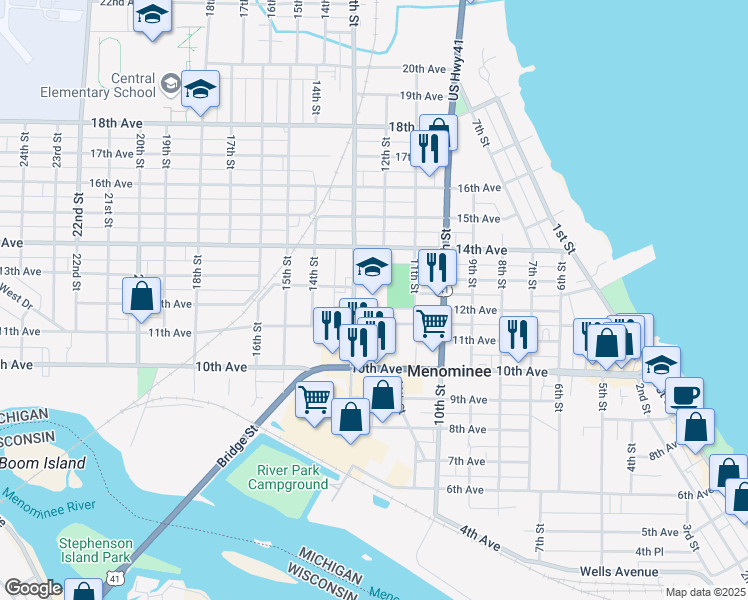 map of restaurants, bars, coffee shops, grocery stores, and more near 1200 11th Avenue in Menominee