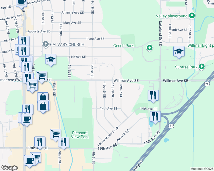 map of restaurants, bars, coffee shops, grocery stores, and more near 1212 10th Street Southeast in Willmar