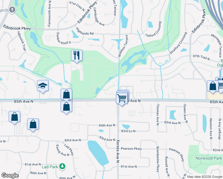 map of restaurants, bars, coffee shops, grocery stores, and more near 3100 85th Avenue North in Minneapolis