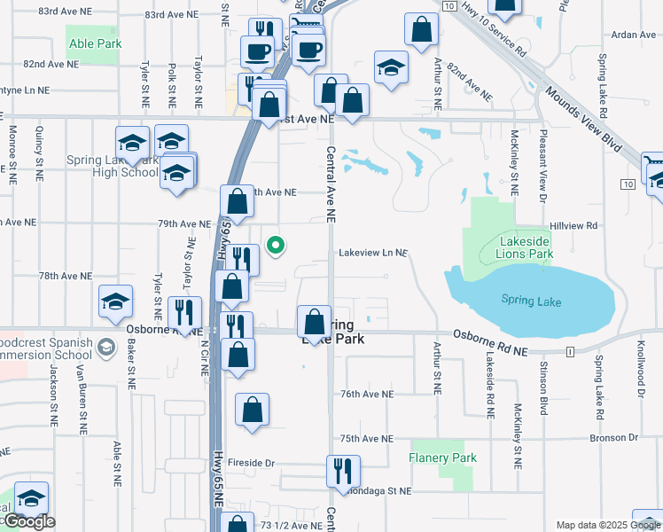 map of restaurants, bars, coffee shops, grocery stores, and more near 7740 Central Avenue Northeast in Minneapolis