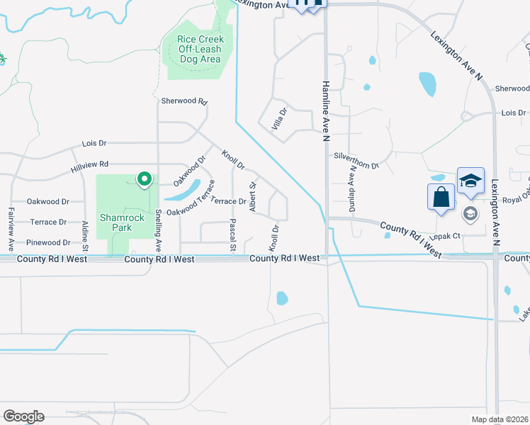 map of restaurants, bars, coffee shops, grocery stores, and more near 5579 Albert Street in Shoreview