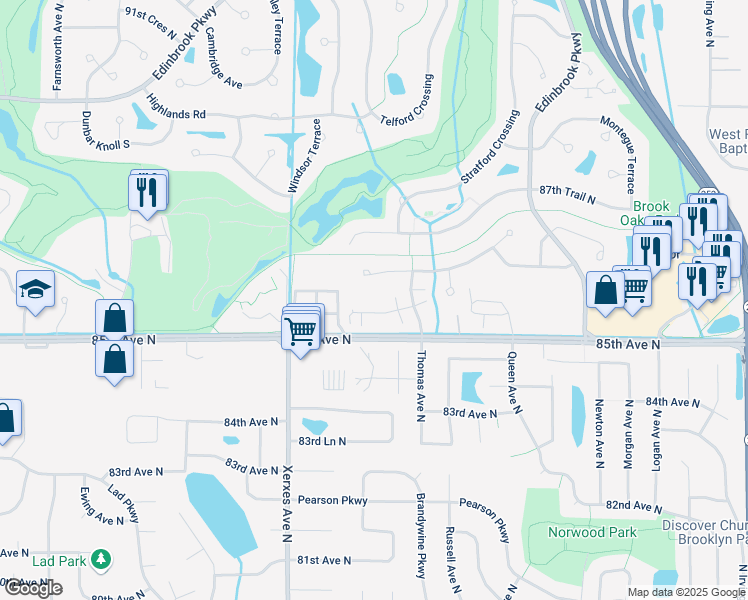 map of restaurants, bars, coffee shops, grocery stores, and more near 8573 Telford Lane in Brooklyn Park