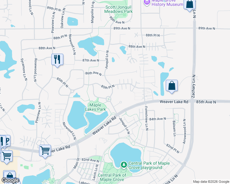 map of restaurants, bars, coffee shops, grocery stores, and more near 8500 Jonquil Lane North in Maple Grove