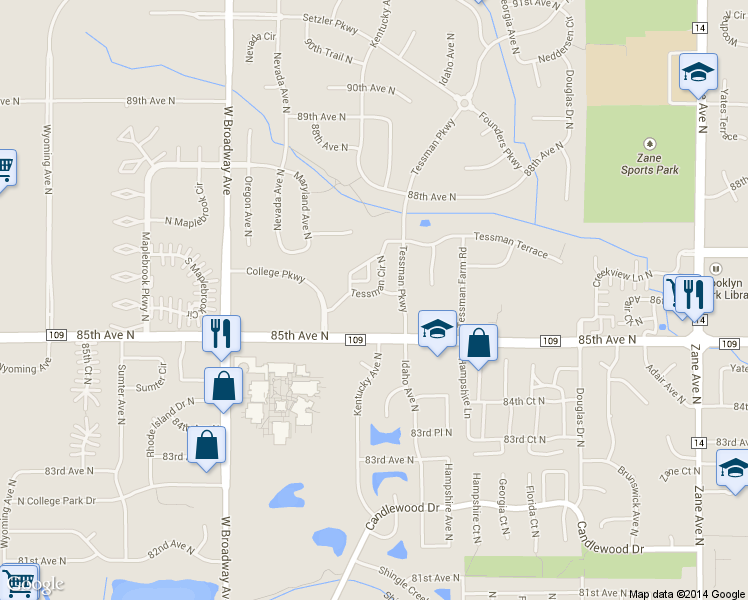 map of restaurants, bars, coffee shops, grocery stores, and more near 8600 Tessman Circle North in Minneapolis