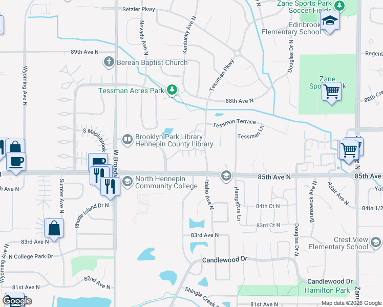 map of restaurants, bars, coffee shops, grocery stores, and more near 8600 Tessman Circle North in Minneapolis
