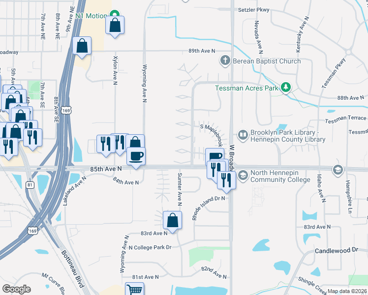 map of restaurants, bars, coffee shops, grocery stores, and more near 8509 Maplebrook Parkway North in Minneapolis