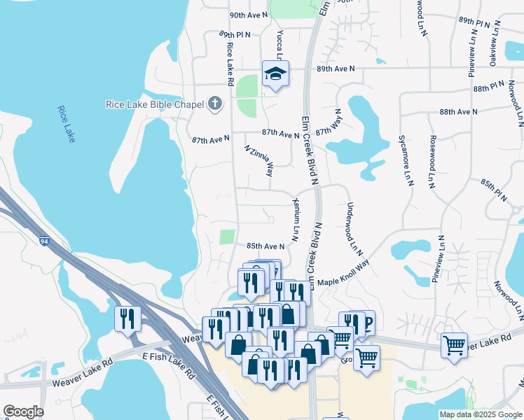 map of restaurants, bars, coffee shops, grocery stores, and more near 13859 85th Place North in Maple Grove