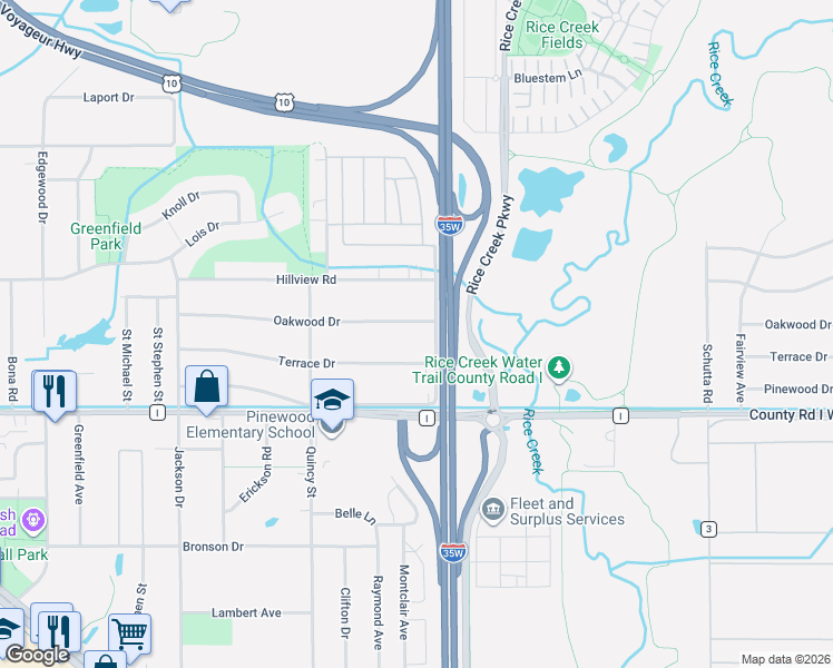 map of restaurants, bars, coffee shops, grocery stores, and more near 2071 Terrace Drive in Mounds View