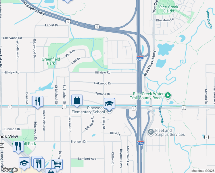 map of restaurants, bars, coffee shops, grocery stores, and more near 2167 Terrace Drive in Mounds View