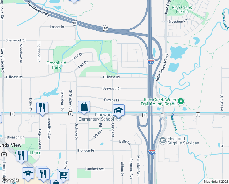 map of restaurants, bars, coffee shops, grocery stores, and more near 2167 Terrace Drive in Mounds View