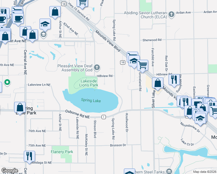 map of restaurants, bars, coffee shops, grocery stores, and more near 7805 Gloria Circle in Mounds View