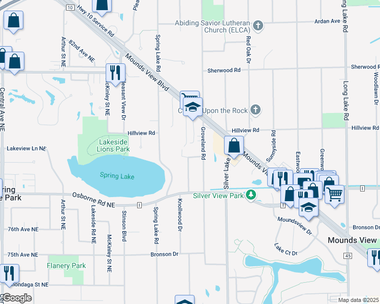 map of restaurants, bars, coffee shops, grocery stores, and more near 7769 Knollwood Drive in Mounds View