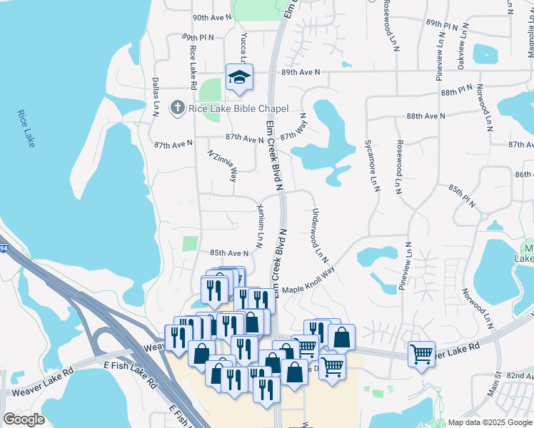 map of restaurants, bars, coffee shops, grocery stores, and more near 8572 Xenium Lane North in Maple Grove