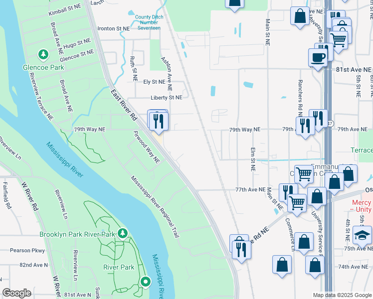 map of restaurants, bars, coffee shops, grocery stores, and more near 7875 East River Road in Fridley