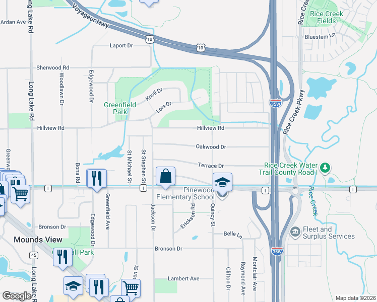 map of restaurants, bars, coffee shops, grocery stores, and more near 2215 Oakwood Drive in Mounds View