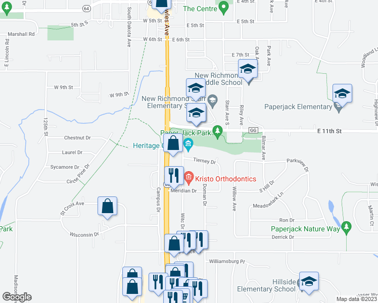 map of restaurants, bars, coffee shops, grocery stores, and more near 1100 Heritage Drive in New Richmond