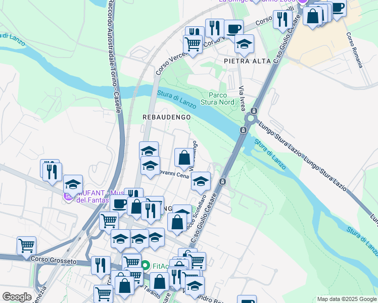 map of restaurants, bars, coffee shops, grocery stores, and more near 95 Via Vistrorio in Turin