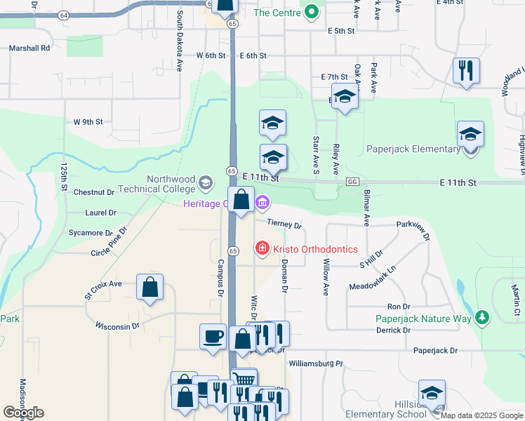 map of restaurants, bars, coffee shops, grocery stores, and more near 1100 Heritage Drive in New Richmond