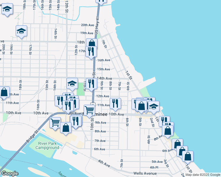 map of restaurants, bars, coffee shops, grocery stores, and more near 8th Street in Menominee