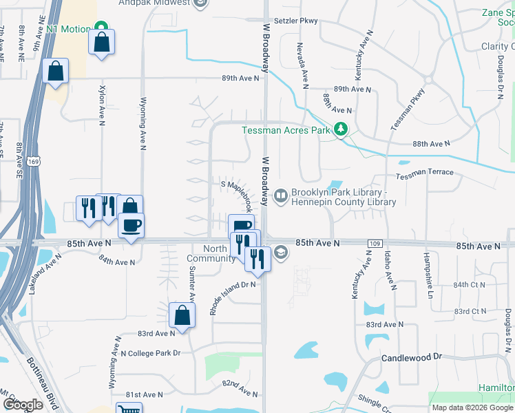 map of restaurants, bars, coffee shops, grocery stores, and more near 8574 South Maplebrook Circle in Minneapolis