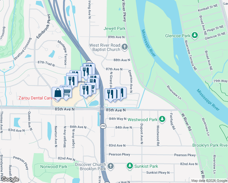 map of restaurants, bars, coffee shops, grocery stores, and more near 8617 North Girard Avenue in Minneapolis