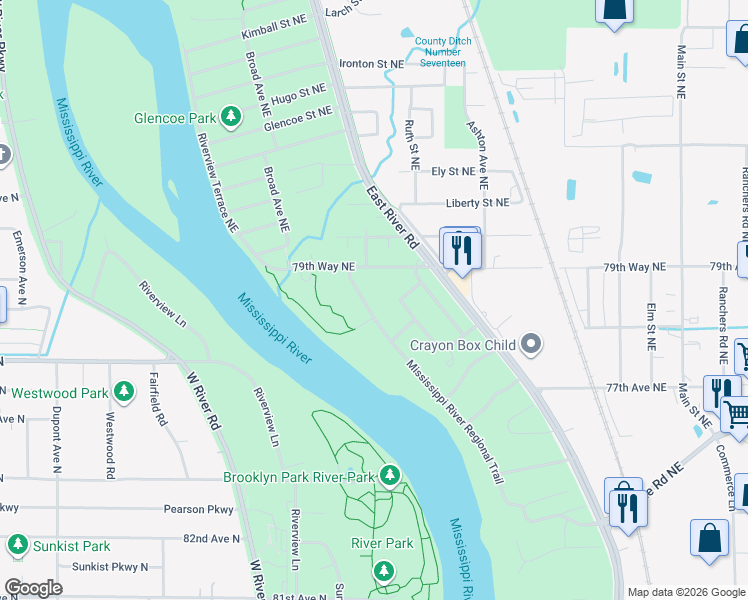 map of restaurants, bars, coffee shops, grocery stores, and more near 7883 Alden Way Northeast in Fridley