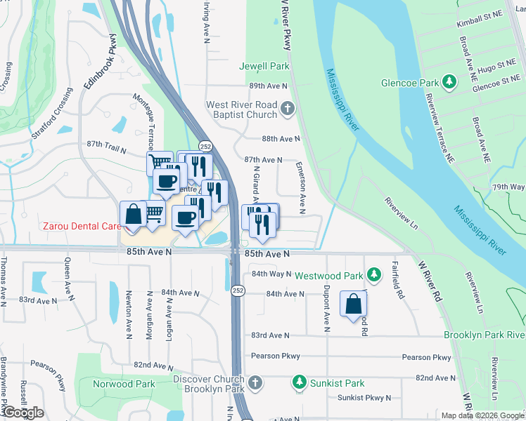 map of restaurants, bars, coffee shops, grocery stores, and more near 8617 North Girard Avenue in Minneapolis