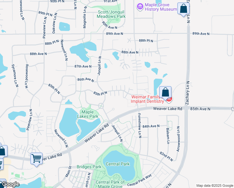 map of restaurants, bars, coffee shops, grocery stores, and more near 11912 85th Place North in Maple Grove
