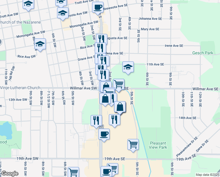 map of restaurants, bars, coffee shops, grocery stores, and more near 201 Willmar Avenue Southeast in Willmar