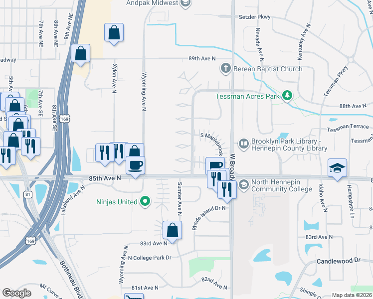 map of restaurants, bars, coffee shops, grocery stores, and more near 8637 Maplebrook Parkway North in Minneapolis