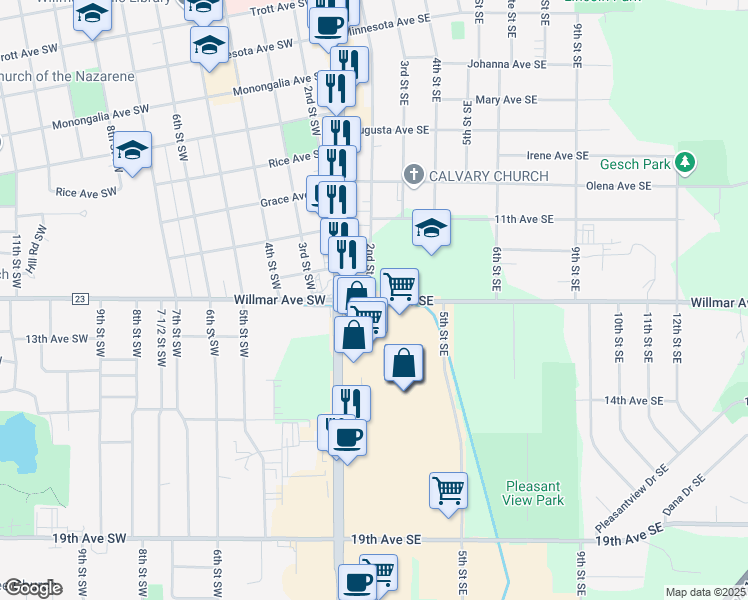 map of restaurants, bars, coffee shops, grocery stores, and more near 201 Willmar Avenue Southeast in Willmar