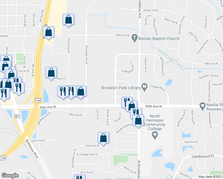 map of restaurants, bars, coffee shops, grocery stores, and more near 8637 Maplebrook Parkway North in Minneapolis