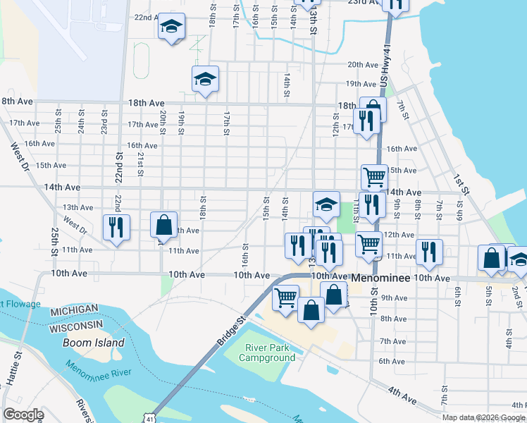 map of restaurants, bars, coffee shops, grocery stores, and more near 1300-1378 15th St in Menominee