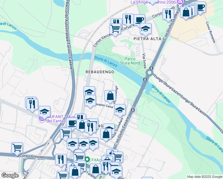 map of restaurants, bars, coffee shops, grocery stores, and more near 95 Via Vistrorio in Torino