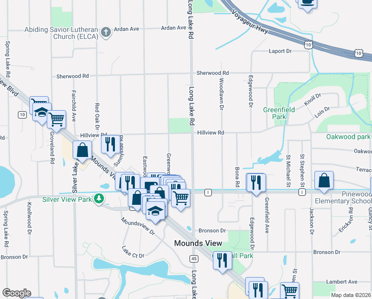 map of restaurants, bars, coffee shops, grocery stores, and more near 7858 Long Lake Road in Mounds View