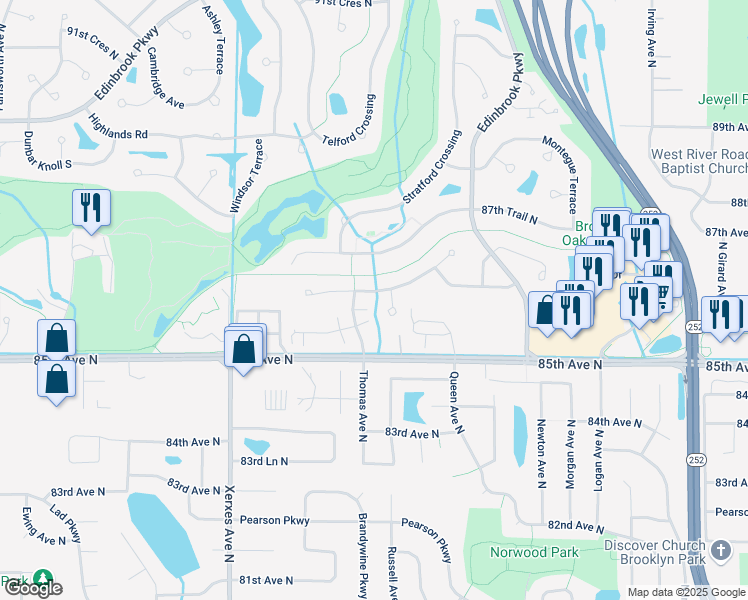 map of restaurants, bars, coffee shops, grocery stores, and more near 2608 Edinbrook Terrace in Minneapolis