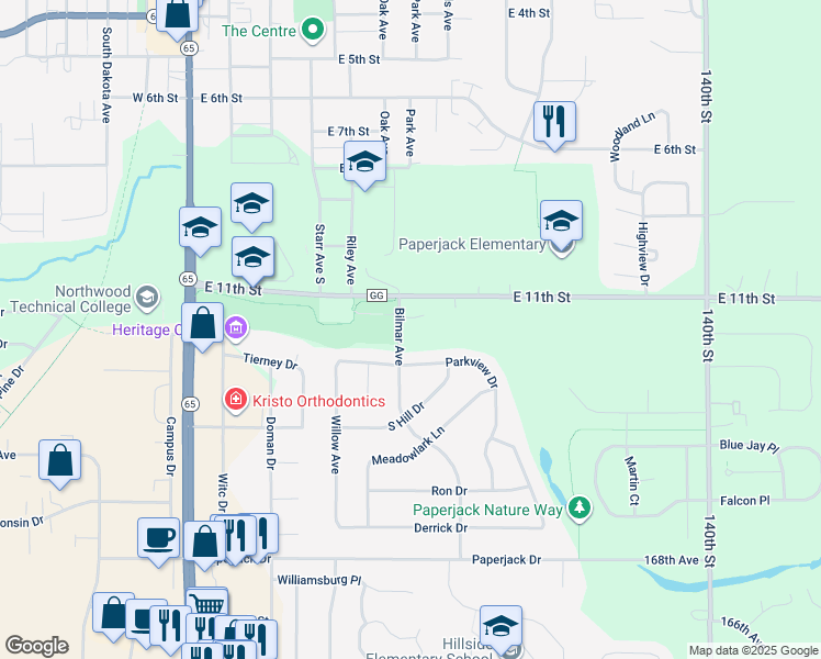 map of restaurants, bars, coffee shops, grocery stores, and more near 524 East 11th Street in New Richmond