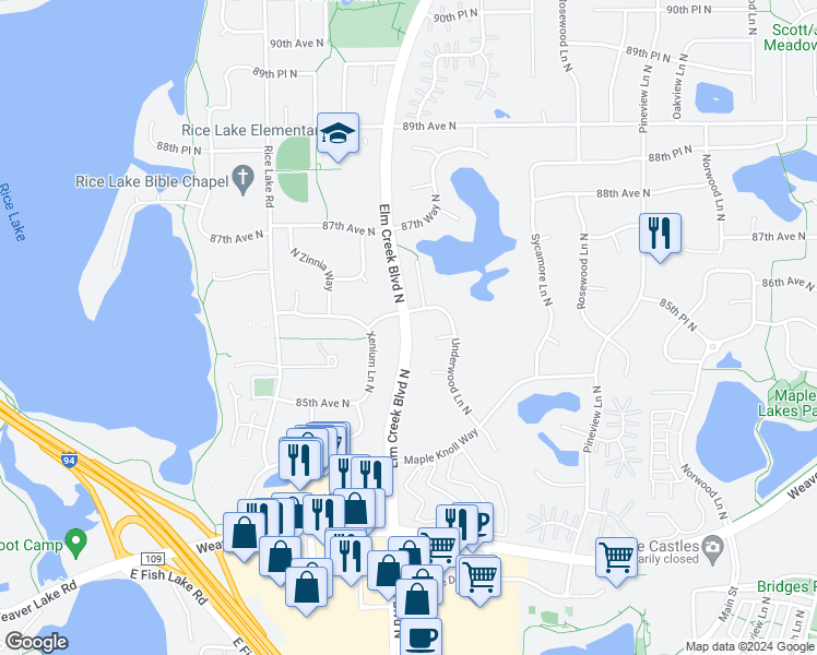 map of restaurants, bars, coffee shops, grocery stores, and more near 8546 Elm Creek Boulevard North in Maple Grove