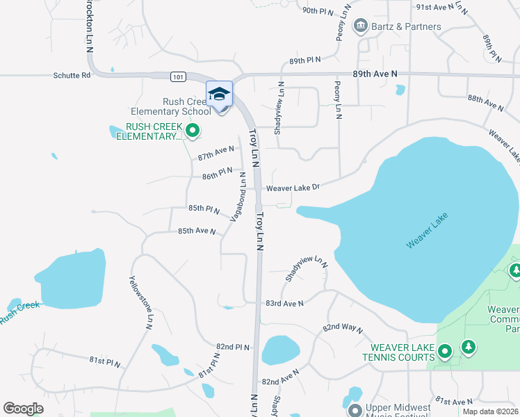 map of restaurants, bars, coffee shops, grocery stores, and more near County Road 101 in Maple Grove