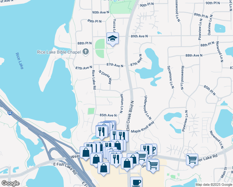 map of restaurants, bars, coffee shops, grocery stores, and more near 13600 86th Avenue North in Maple Grove