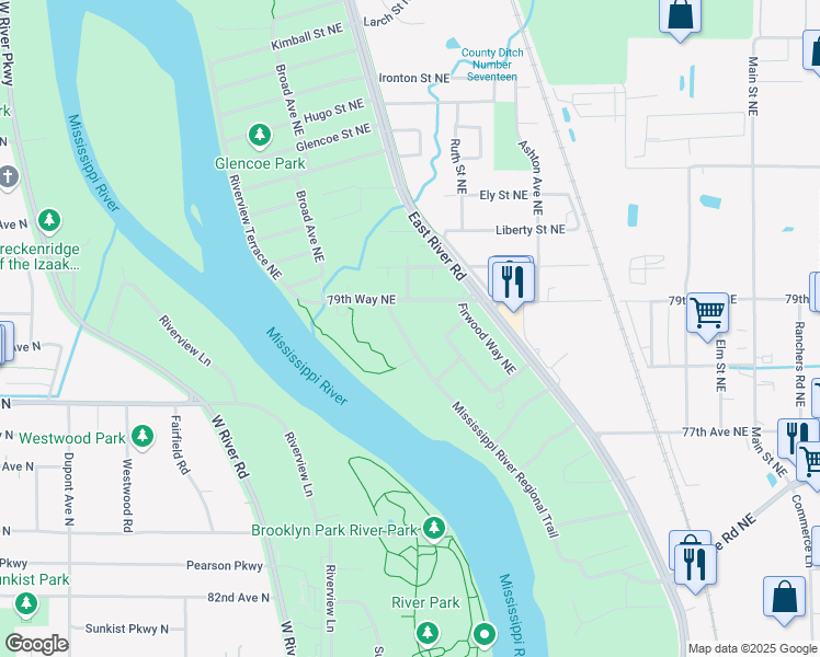 map of restaurants, bars, coffee shops, grocery stores, and more near 7883 Alden Way Northeast in Fridley