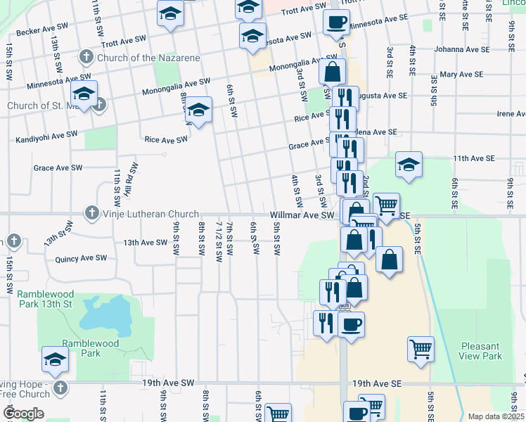 map of restaurants, bars, coffee shops, grocery stores, and more near 512 Willmar Avenue Southwest in Willmar