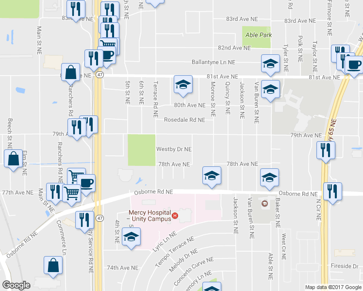 map of restaurants, bars, coffee shops, grocery stores, and more near 585 Westby Drive Northeast in Minneapolis