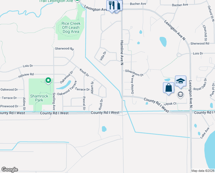 map of restaurants, bars, coffee shops, grocery stores, and more near 1395 Knoll Drive in Shoreview