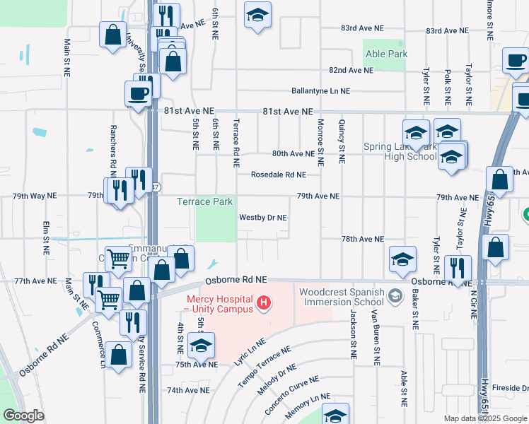 map of restaurants, bars, coffee shops, grocery stores, and more near 585 Westby Drive Northeast in Minneapolis