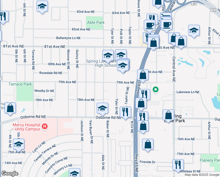 map of restaurants, bars, coffee shops, grocery stores, and more near 931 Marlboro Court Northeast in Minneapolis