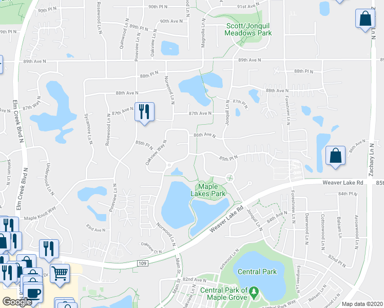 map of restaurants, bars, coffee shops, grocery stores, and more near 12298 85th Place North in Maple Grove