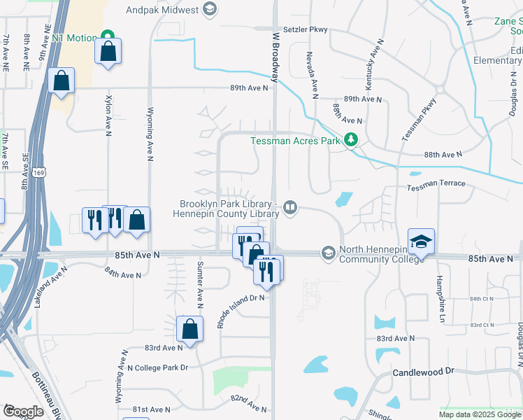 map of restaurants, bars, coffee shops, grocery stores, and more near 8604 South Maplebrook Circle in Minneapolis