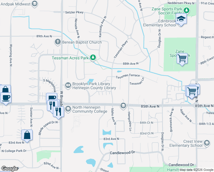 map of restaurants, bars, coffee shops, grocery stores, and more near 8635 Tessman Circle North in Minneapolis